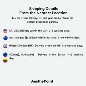Peut inclure: Fond blanc avec texte indiquant les informations d'exp&eacute;dition. Le texte comprend "Shipping Details From the Nearest Location" et les d&eacute;lais de livraison pour les &Eacute;tats-Unis, l'Australie, le Royaume-Uni et l'Europe. La marque "AesthePoint" est en bas.