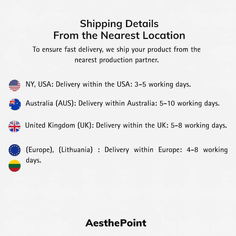 Peut inclure: Fond blanc avec texte indiquant les informations d'exp&eacute;dition. Le texte comprend "Shipping Details From the Nearest Location" et les d&eacute;lais de livraison pour les &Eacute;tats-Unis, l'Australie, le Royaume-Uni et l'Europe. La marque "AesthePoint" est en bas.