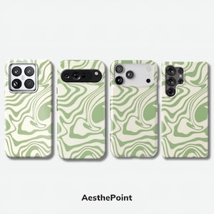 Peut inclure: Quatre coques de t&eacute;l&eacute;phone avec un motif ondul&eacute; vert et cr&egrave;me. Les coques ont diff&eacute;rents designs de cam&eacute;ra, et la marque "AesthePoint" est en bas.
