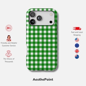 Op de afbeelding: Een groen en wit geruit telefoonhoesje. De hoes heeft een rechthoekige vorm met afgeronde hoeken en een uitsparing voor de camera. De merknaam "AesthePoint" staat onderaan. De afbeelding bevat ook pictogrammen voor klantenservice en snelle verzending.