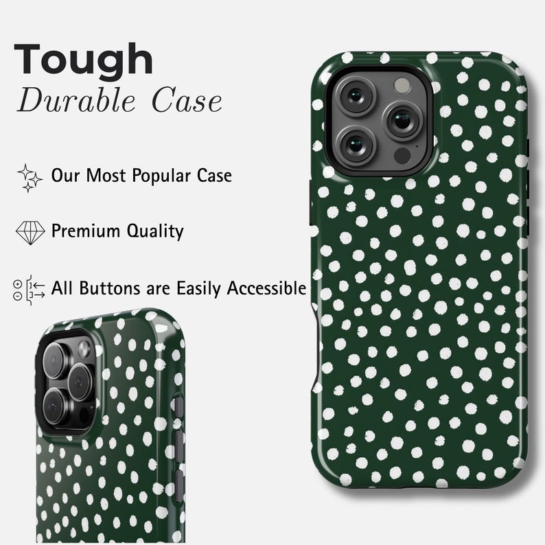 K&ouml;nnte beinhalten: Eine gr&uuml;ne Handyh&uuml;lle mit wei&szlig;em Polka-Dot-Muster. Die H&uuml;lle wird aus verschiedenen Blickwinkeln gezeigt, mit dem Text "Tough Durable Case" oben. Die H&uuml;lle wird als "Our Most Popular Case", "Premium Quality" und "All Buttons are Easily Accessible" beschrieben.