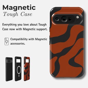 Puede incluir: Una funda de tel&eacute;fono con un dise&ntilde;o abstracto marr&oacute;n y negro. El texto dice "Magnetic Tough Case" y destaca la compatibilidad con accesorios magn&eacute;ticos. La imagen tambi&eacute;n muestra tres dise&ntilde;os diferentes de fundas.