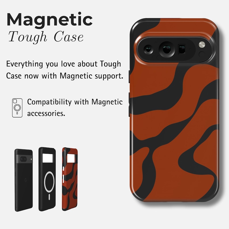 Puede incluir: Una funda de tel&eacute;fono con un dise&ntilde;o abstracto marr&oacute;n y negro. El texto dice "Magnetic Tough Case" y destaca la compatibilidad con accesorios magn&eacute;ticos. La imagen tambi&eacute;n muestra tres dise&ntilde;os diferentes de fundas.