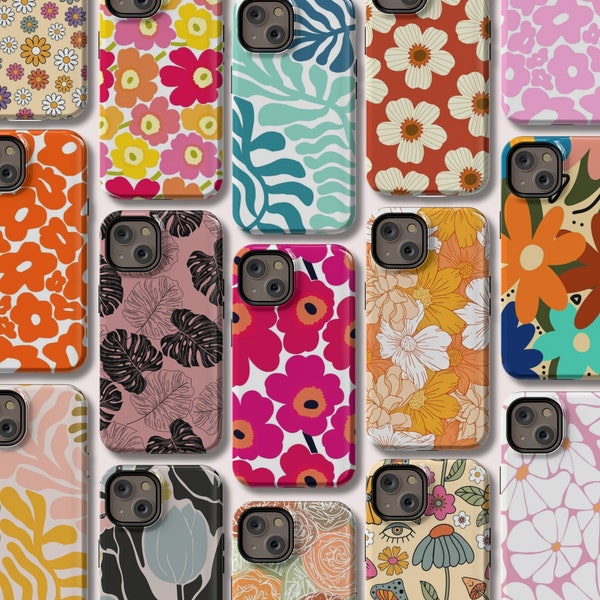 Coque iPhone au design rétro et bohème avec fleurs | Skin iPhone 15 Plus | Coque esthétique pour iPhone 11, 12, 13, 14 Pro Max