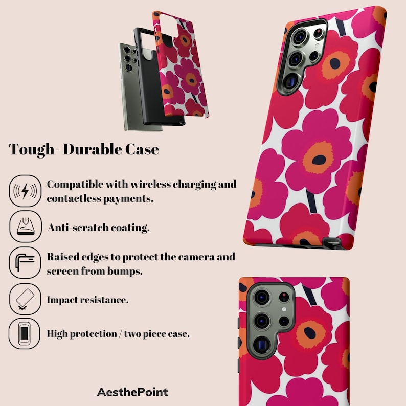 Coque au design rétro et bohémien avec motifs floraux pour Samsung S24 Ultra Coque Galaxy S23 Plus Galaxy S22, S21, S20, S10, A14, A32, Tough - Durable Case