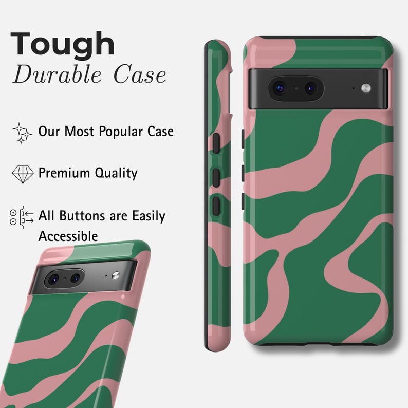 Puede incluir: Una funda de tel&eacute;fono con un patr&oacute;n ondulado verde y rosa. La funda se muestra desde m&uacute;ltiples &aacute;ngulos, incluida una vista lateral. El texto a la izquierda dice "Tough Durable Case", "Our Most Popular Case", "Premium Quality" y "All Buttons are Easily Accessible".