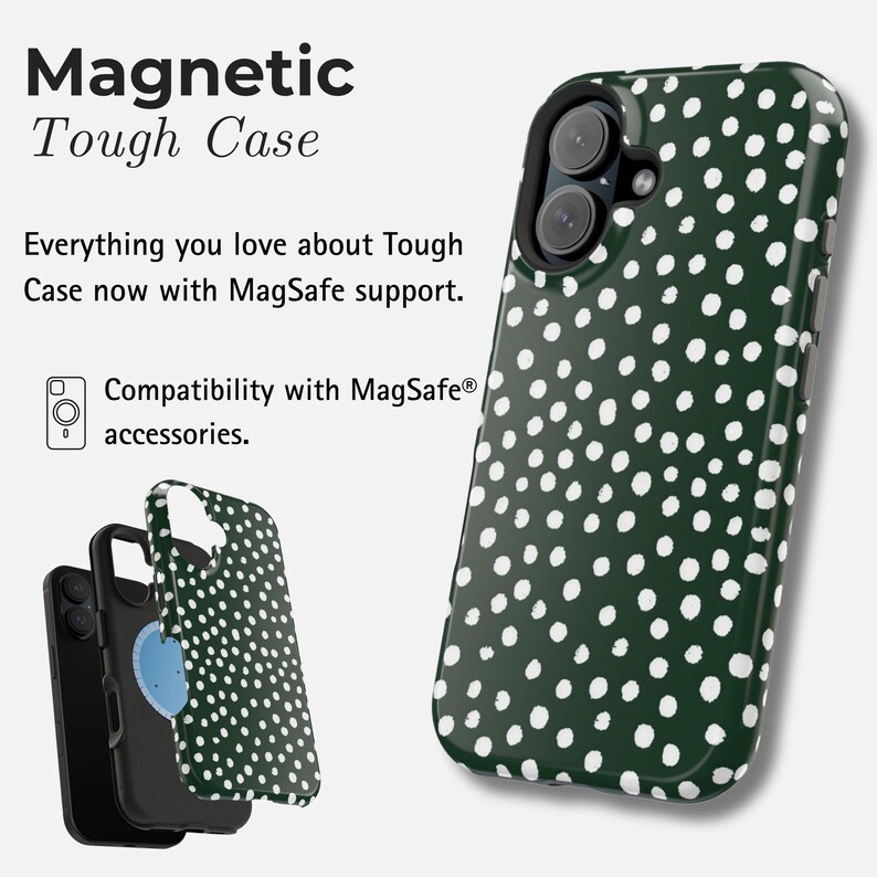 K&ouml;nnte beinhalten: Eine gr&uuml;ne Handyh&uuml;lle mit wei&szlig;en Punkten. Das Bild zeigt den Text "Magnetic Tough Case" und "Kompatibilit&auml;t mit MagSafe-Zubeh&ouml;r".
