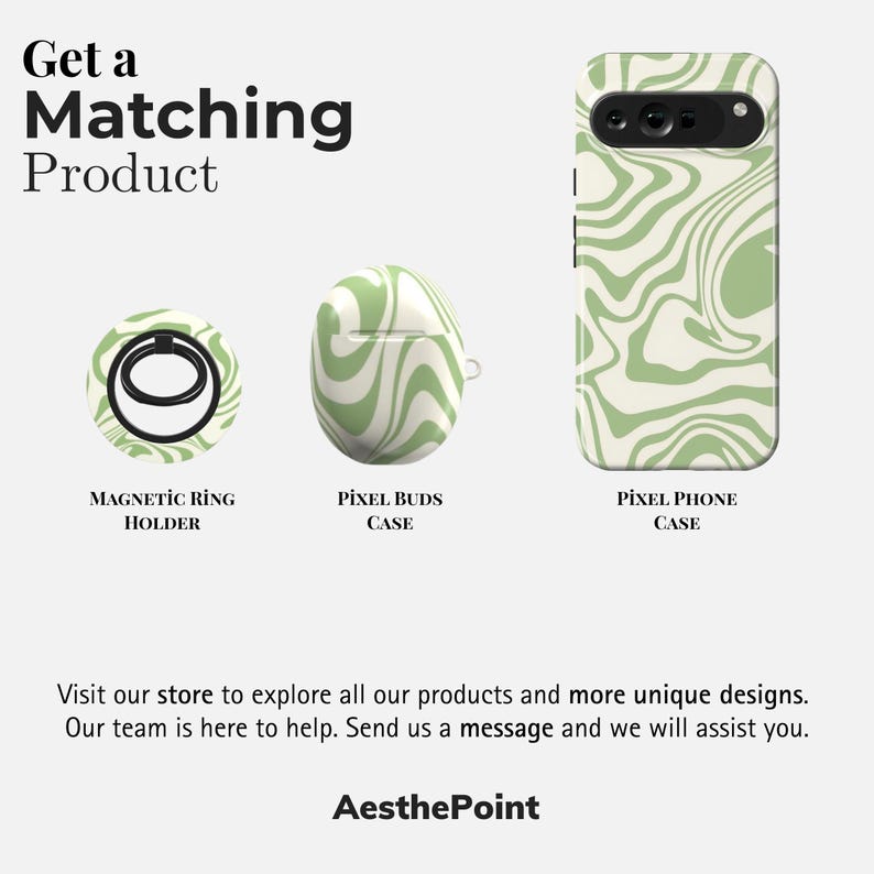 Peut inclure: L'image pr&eacute;sente un ensemble de produits assortis avec un motif tourbillonnant vert et blanc. L'ensemble comprend un support d'anneau magn&eacute;tique, un &eacute;tui Pixel Buds et un &eacute;tui Pixel Phone. Le texte "Get a Matching Product" est en haut.