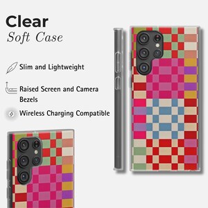 May include: Clear soft smartphone case featuring a vibrant geometric design in red, pink, blue, and green squares. The case is slim, lightweight, and has raised bezels. It is wireless charging compatible. The text reads: Clear Soft Case.