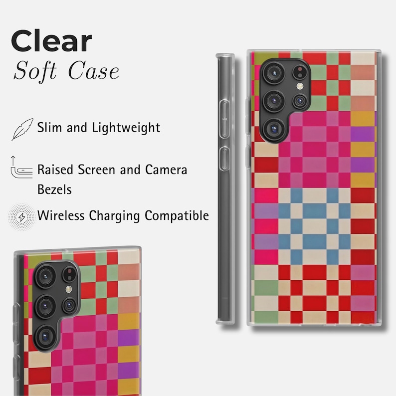 May include: Clear soft smartphone case featuring a vibrant geometric design in red, pink, blue, and green squares. The case is slim, lightweight, and has raised bezels. It is wireless charging compatible. The text reads: Clear Soft Case.