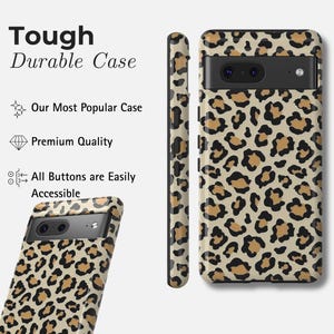 May include: A phone case with a leopard print design. The case is tan with brown spots and features the text "Tough Durable Case." The case is shown from multiple angles, highlighting its design and button accessibility.