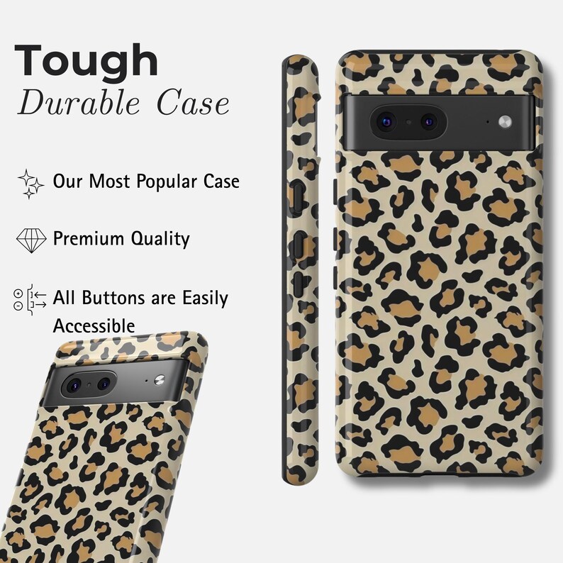May include: A phone case with a leopard print design. The case is tan with brown spots and features the text "Tough Durable Case." The case is shown from multiple angles, highlighting its design and button accessibility.