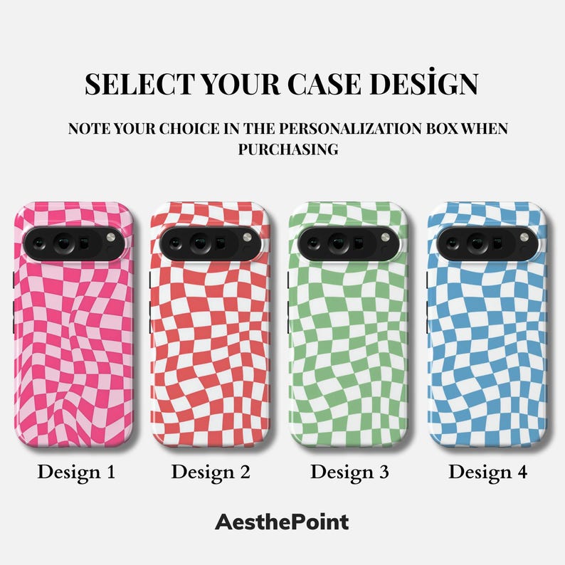 May include: Four phone cases with a wavy checkered design in pink, red, green, and blue. The text "SELECT YOUR CASE DESIGN" and "NOTE YOUR CHOICE IN THE PERSONALIZATION BOX WHEN PURCHASING" are at the top. Each case is labeled with a design number.