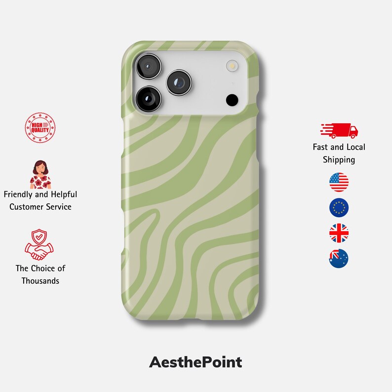 Grüne Wellen iPhone-Hülle für 17 Pro Max, 16 Pro, 15 Plus, 14, 13, 12 Mini, 11 | MagSafe Swirl iPhone Cover Bild 1