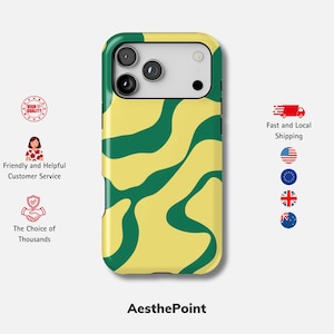 May include: A yellow and green patterned phone case with a camera cutout. The case has a wavy design and the text "AesthePoint" at the bottom. The image also includes icons for customer service and shipping.