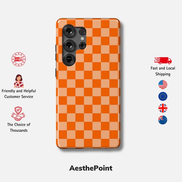Pomarańczowe Etui w Kratkę do Samsung S25 Ultra, S24 FE, S23 Plus, S22, A73, A55, A36, A24 | Retro Stylowe Etui na Telefon