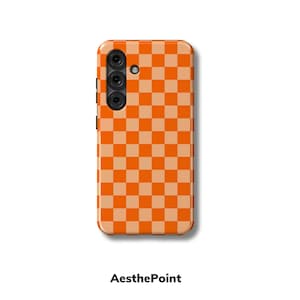 Orange Checkered Phone Case – Retro Check Cover Compatible with Galaxy S25 S24 Plus S23 Ultra S22 S21 S20 S10 A52 A14