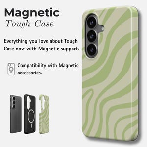 K&ouml;nnte beinhalten: Eine Handyh&uuml;lle mit einem hellgr&uuml;nen Wellenmuster. Die H&uuml;lle ist f&uuml;r magnetisches Zubeh&ouml;r konzipiert und mit "Magnetic Tough Case" beschriftet. Zus&auml;tzliche H&uuml;llen in Schwarz und Hellgr&uuml;n sind ebenfalls abgebildet.