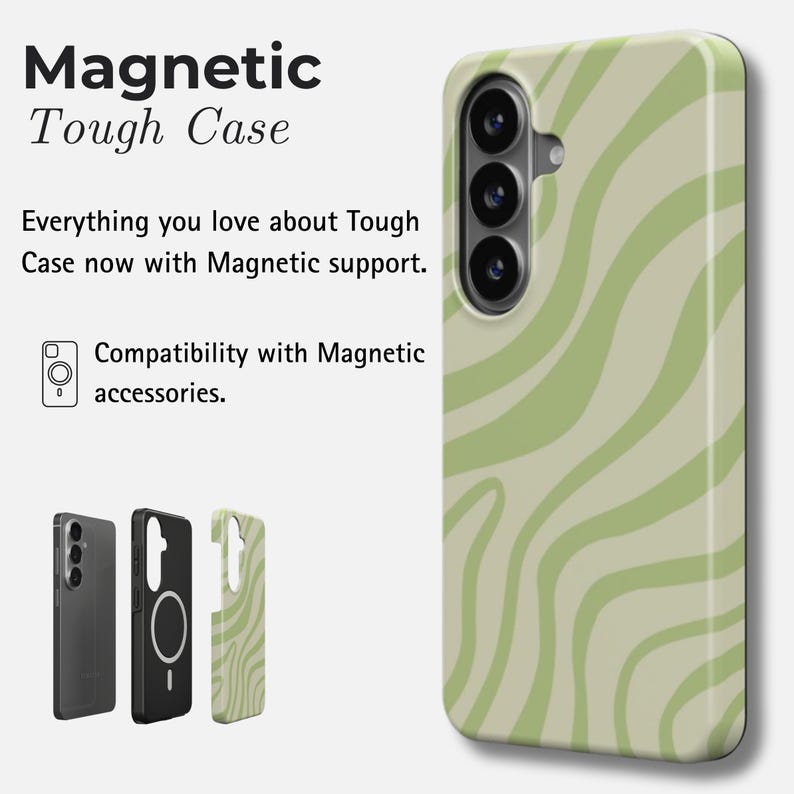 K&ouml;nnte beinhalten: Eine Handyh&uuml;lle mit einem hellgr&uuml;nen Wellenmuster. Die H&uuml;lle ist f&uuml;r magnetisches Zubeh&ouml;r konzipiert und mit "Magnetic Tough Case" beschriftet. Zus&auml;tzliche H&uuml;llen in Schwarz und Hellgr&uuml;n sind ebenfalls abgebildet.