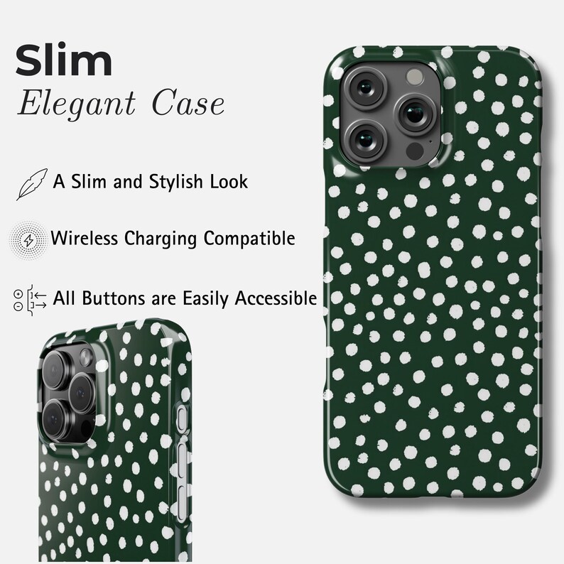 K&ouml;nnte beinhalten: Dunkelgr&uuml;ne Handyh&uuml;lle mit wei&szlig;em Polka-Dot-Muster. Die H&uuml;lle hat ein schlankes Design und bietet einfachen Zugriff auf alle Tasten. Der Text auf dem Bild lautet "Slim Elegant Case" und "Wireless Charging Compatible."