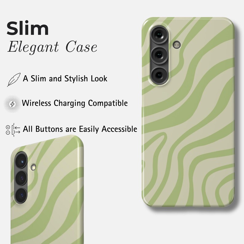 K&ouml;nnte beinhalten: Schlanke und elegante Handyh&uuml;lle mit einem hellgr&uuml;nen und beigefarbenen Wellenmuster. Die H&uuml;lle hat einen Kameraausschnitt und den Text "Slim Elegant Case" mit zus&auml;tzlichem Text.