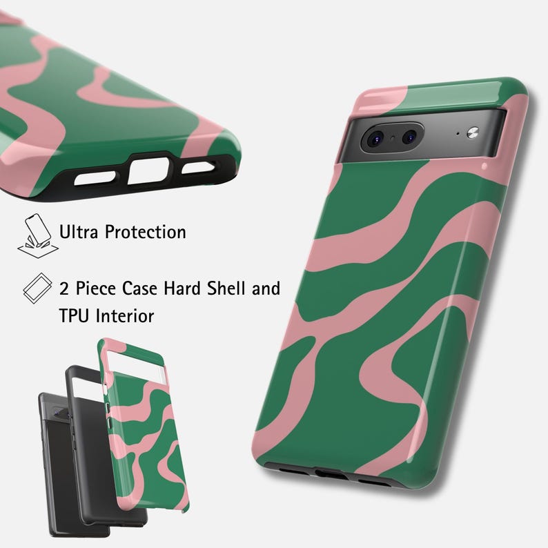 Puede incluir: Funda de tel&eacute;fono con estampado verde y rosa. La funda presenta un dise&ntilde;o ondulado en tonos verdes y rosas. La imagen tambi&eacute;n muestra las caracter&iacute;sticas de la funda: Ultra Protection, Carcasa r&iacute;gida de 2 piezas e interior de TPU.