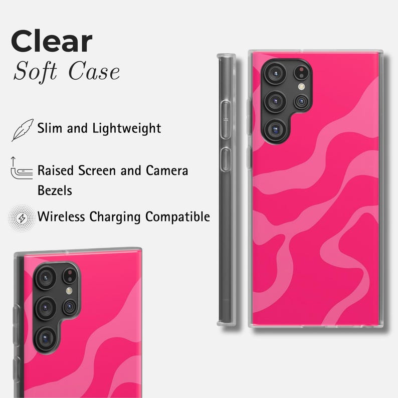 Puede incluir: Funda de tel&eacute;fono suave transparente con un patr&oacute;n de ondas rosas. La funda es delgada y ligera, con biseles elevados para la pantalla y la c&aacute;mara. Es compatible con la carga inal&aacute;mbrica. El texto "Clear Soft Case" est&aacute; en la parte superior.