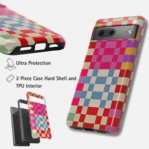 May include: A colourful phone case featuring a chequered design in shades of red, pink, blue, and yellow. The image shows the case from various angles, including a close-up of the back and a side view. Text on the image reads "Ultra Protection" and "2 Piece Case Hard Shell and TPU Interior."