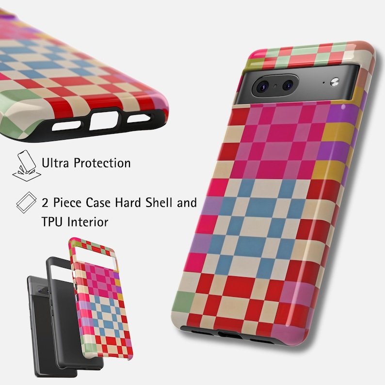 May include: A colourful phone case featuring a chequered design in shades of red, pink, blue, and yellow. The image shows the case from various angles, including a close-up of the back and a side view. Text on the image reads "Ultra Protection" and "2 Piece Case Hard Shell and TPU Interior."