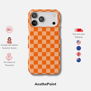 Könnte beinhalten: Orange und hellorange karierte Handyhülle. Die Hülle hat ein quadratisches Muster und einen Kameraausschnitt. Der Markenname "AesthePoint" steht unten. Die Hülle ist für ein Smartphone konzipiert.