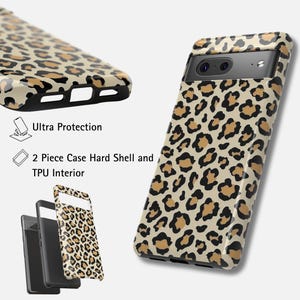May include: A phone case with a leopard print design. The case is beige with brown spots and black accents. The image also shows the text "Ultra Protection" and "2 Piece Case Hard Shell and TPU Interior".