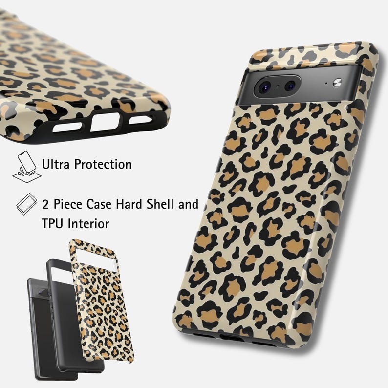 May include: A phone case with a leopard print design. The case is beige with brown spots and black accents. The image also shows the text "Ultra Protection" and "2 Piece Case Hard Shell and TPU Interior".