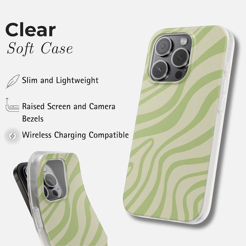 Grüne Wellen iPhone-Hülle für 17 Pro Max, 16 Pro, 15 Plus, 14, 13, 12 Mini, 11 | MagSafe Swirl iPhone Cover Clear Case