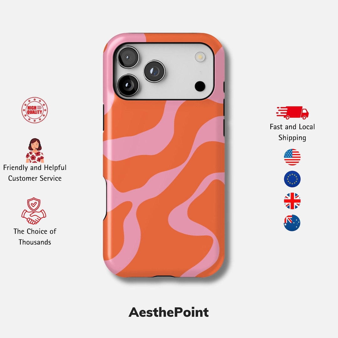 iPhone 17ケース（オレンジ・ピンク） オレンジウェーブ柄 iPhoneケース（iPhone 17 Pro・16e・15 Plus・14