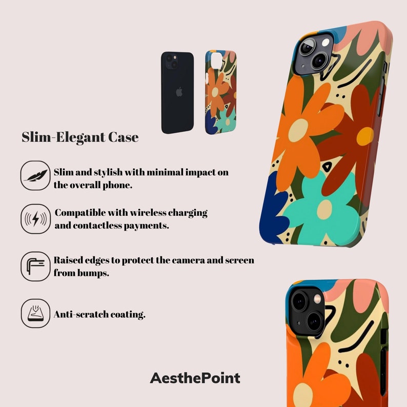 Coque iPhone au design rétro et bohème avec fleurs Skin iPhone 15 Plus Coque esthétique pour iPhone 11, 12, 13, 14 Pro Max Slim - Elegant Case