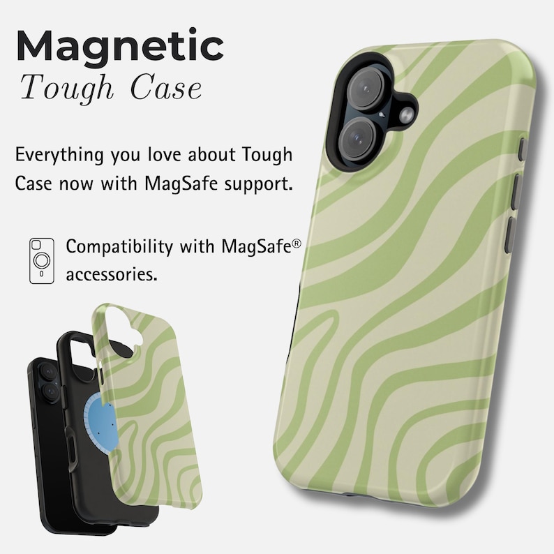 Grüne Wellen iPhone-Hülle für 17 Pro Max, 16 Pro, 15 Plus, 14, 13, 12 Mini, 11 | MagSafe Swirl iPhone Cover Magnetic Tough Case