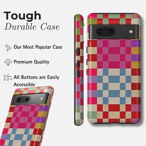 May include: A phone case with a vibrant pixelated pattern in pink, red, blue, and green. The image shows the case from different angles. Text on the left reads "Tough Durable Case," "Our Most Popular Case," "Premium Quality," and "All Buttons are Easily Accessible."