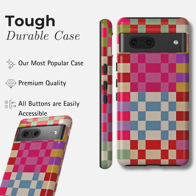 May include: A phone case with a vibrant pixelated pattern in pink, red, blue, and green. The image shows the case from different angles. Text on the left reads "Tough Durable Case," "Our Most Popular Case," "Premium Quality," and "All Buttons are Easily Accessible."