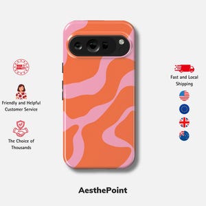 Könnte beinhalten: Handyhülle mit einem lebendigen orangefarbenen und rosa Wellenmuster. Die Hülle hat einen Kameraausschnitt und den Text "AesthePoint" unten. Zusätzliche Symbole und Text weisen auf Kundenservice und Versand hin.