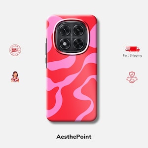 May include: A rectangular mobile phone case featuring a wavy, abstract pattern in shades of bright red and light pink. The case has a large, circular black camera module cutout at the top center with four distinct circular lens openings.