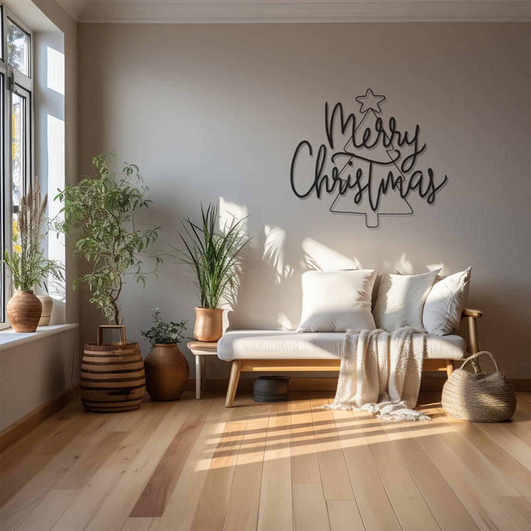 Merry Christmas Metal Wall Art, Pine Tree Design Winter Decor, Festive