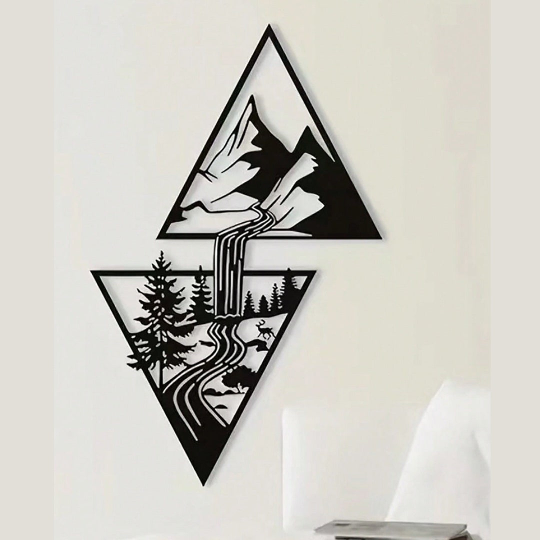 Metal Mountain Waterfall Wall Art, Mountain Landscape Wall Art, Nature Wall Decor, Trees Wall