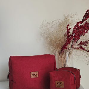 Leinen Make-up Tasche, Rot (Weinrot), handgefertigte Kosmetiktasche, Reise-Kulturbeutel, natürliches Leinen Geschenk für Frauen, minimalistische Kosmetiktasche