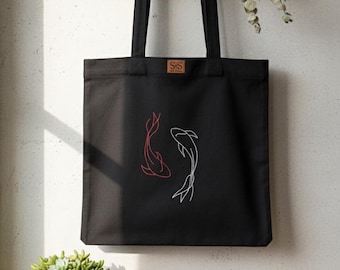 Handmade Embroidered Cotton Tote Bag –Black Shopper – Minimalist Eco-Friendly Reusable Bag - Jing&Jang