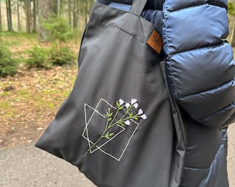 Handmade Embroidered Cotton Tote Bag – Black Shopper – Minimalist Eco-Friendly Reusable Bag -Flower