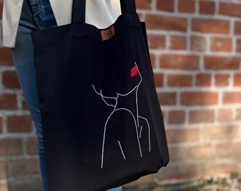 Handmade Embroidered Cotton Tote Bag – Black Shopper – Minimalist Eco-Friendly Reusable Bag - Red lips
