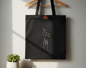 Handmade Embroidered Cotton Tote Bag – Black Shopper – Minimalist Eco-Friendly Reusable Bag - Jing&Jang