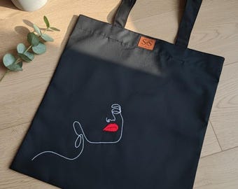 Handmade Embroidered Cotton Tote Bag – Black Shopper – Minimalist Eco-Friendly Reusable Bag - Red lips II