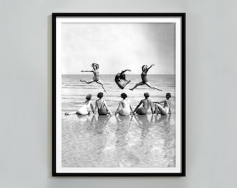 Women Dancing on Beach Print, Black and White, Vintage Poster, Beach Photography, Women Surfers, Coastal Wall Art, Canvas, Digital Download