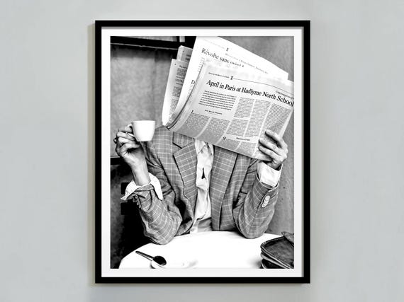 Woman Reading Newspaper Print, Coffee Shop Decor, Black and White, Vintage Photography, Fashion Poster, Dining Room Decor, Digital Download